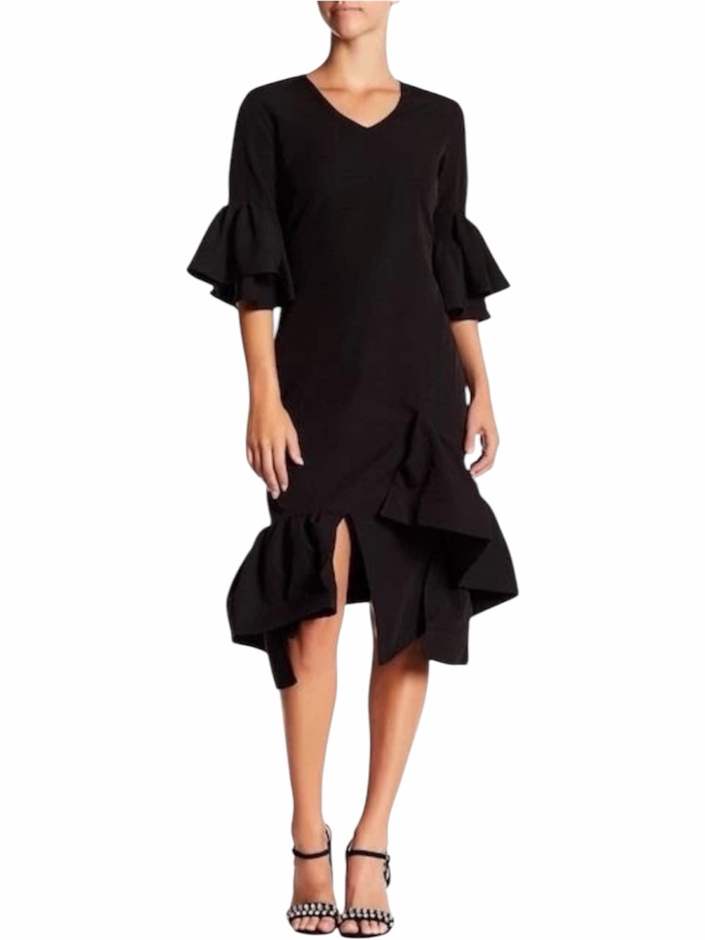 Gracia Black Asymmetrical Ruffle Hem Midi Length Dress Size Medium